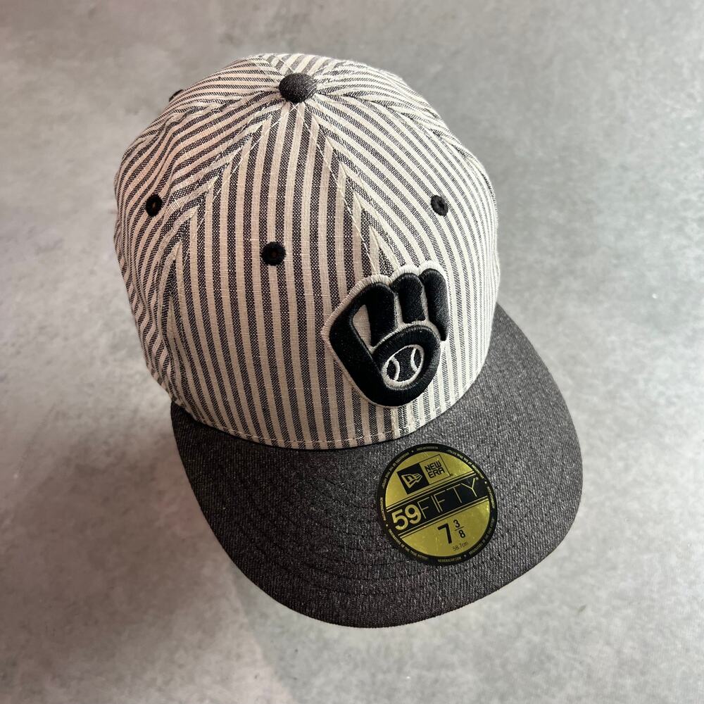 New Era 59Fifty Milwaukee Brewers Grey Striped Seersucker Fabric Hat 7 3/8 New